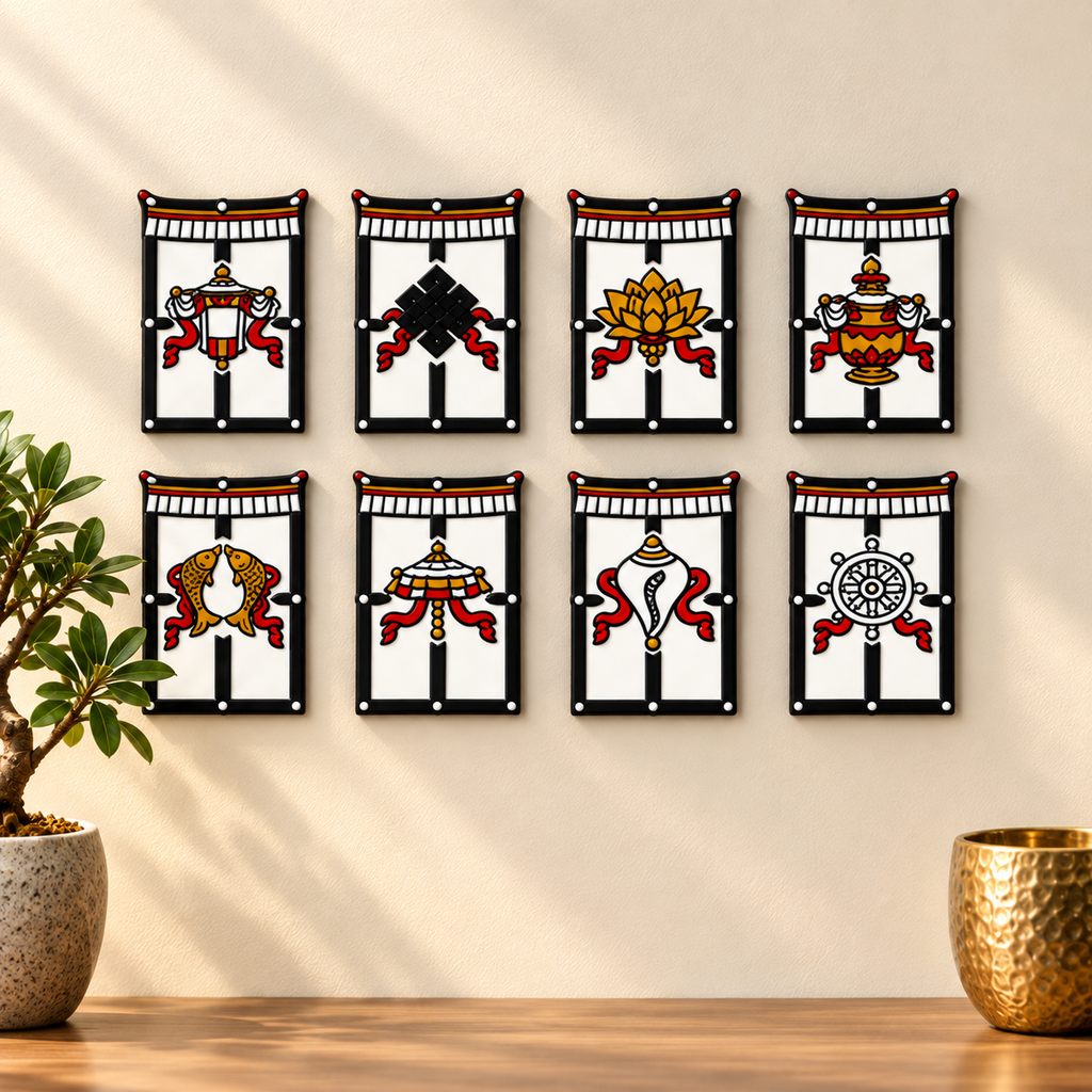 Eight auspicious signs fridge magnets displayed on a wall