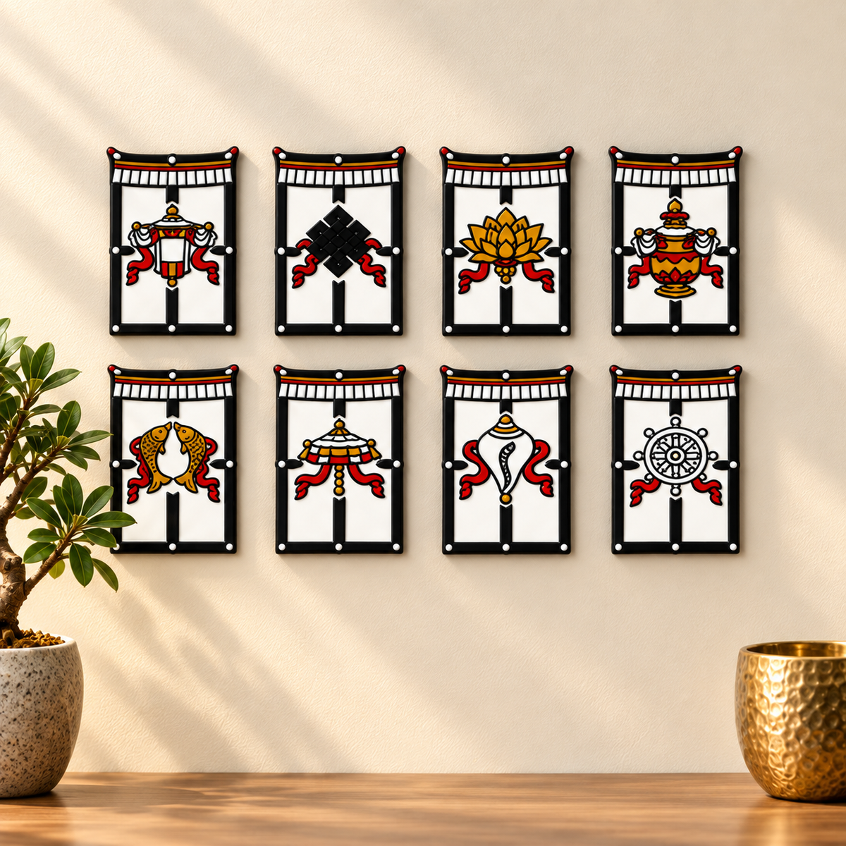 Eight auspicious signs fridge magnets displayed on a wall