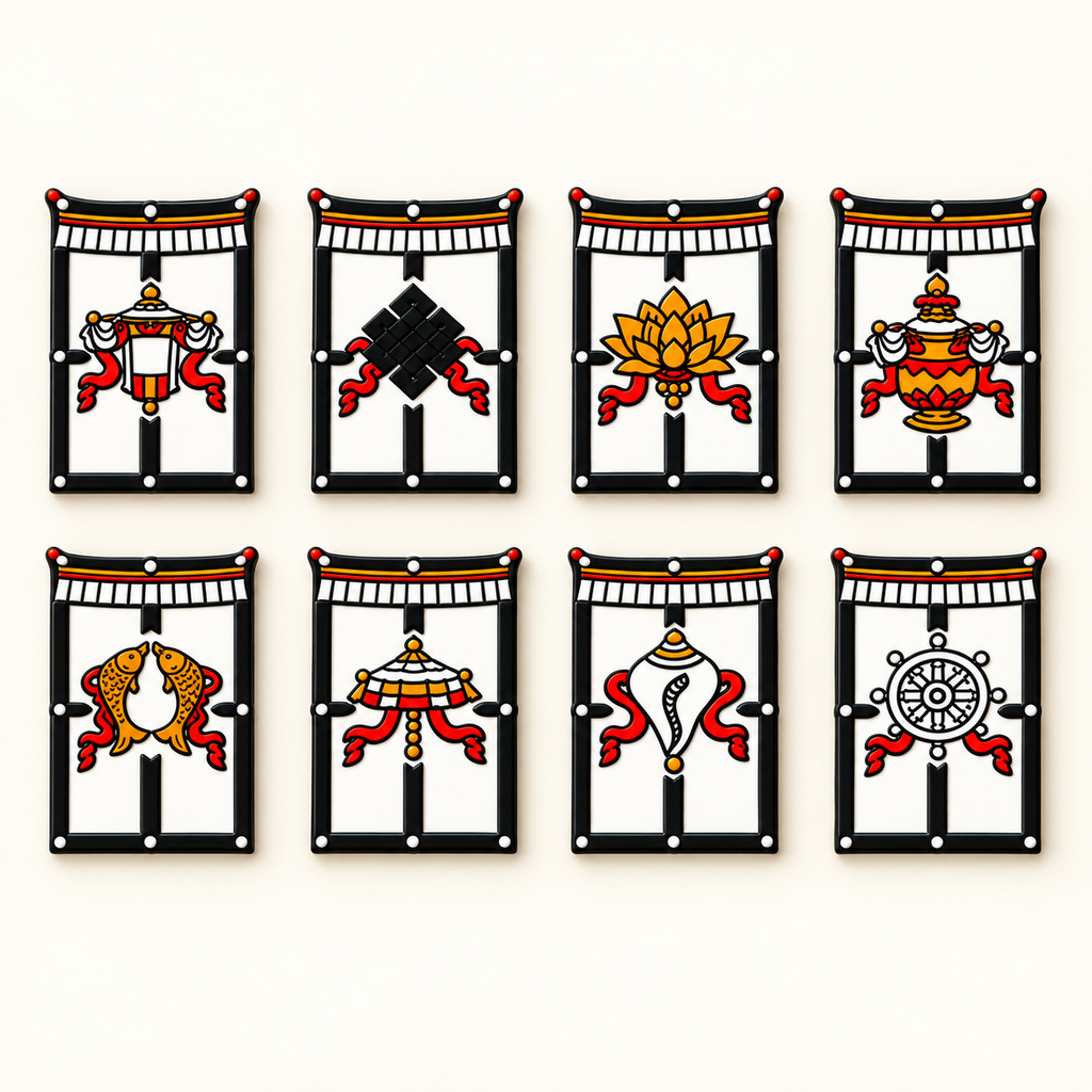 Eight auspicious signs fridge magnets arranged as product icons