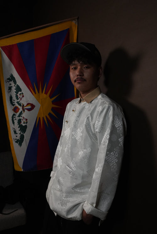 Tibetan Traditional T-Shirt by KHORLO Studio - portrait with Tibetan flag
