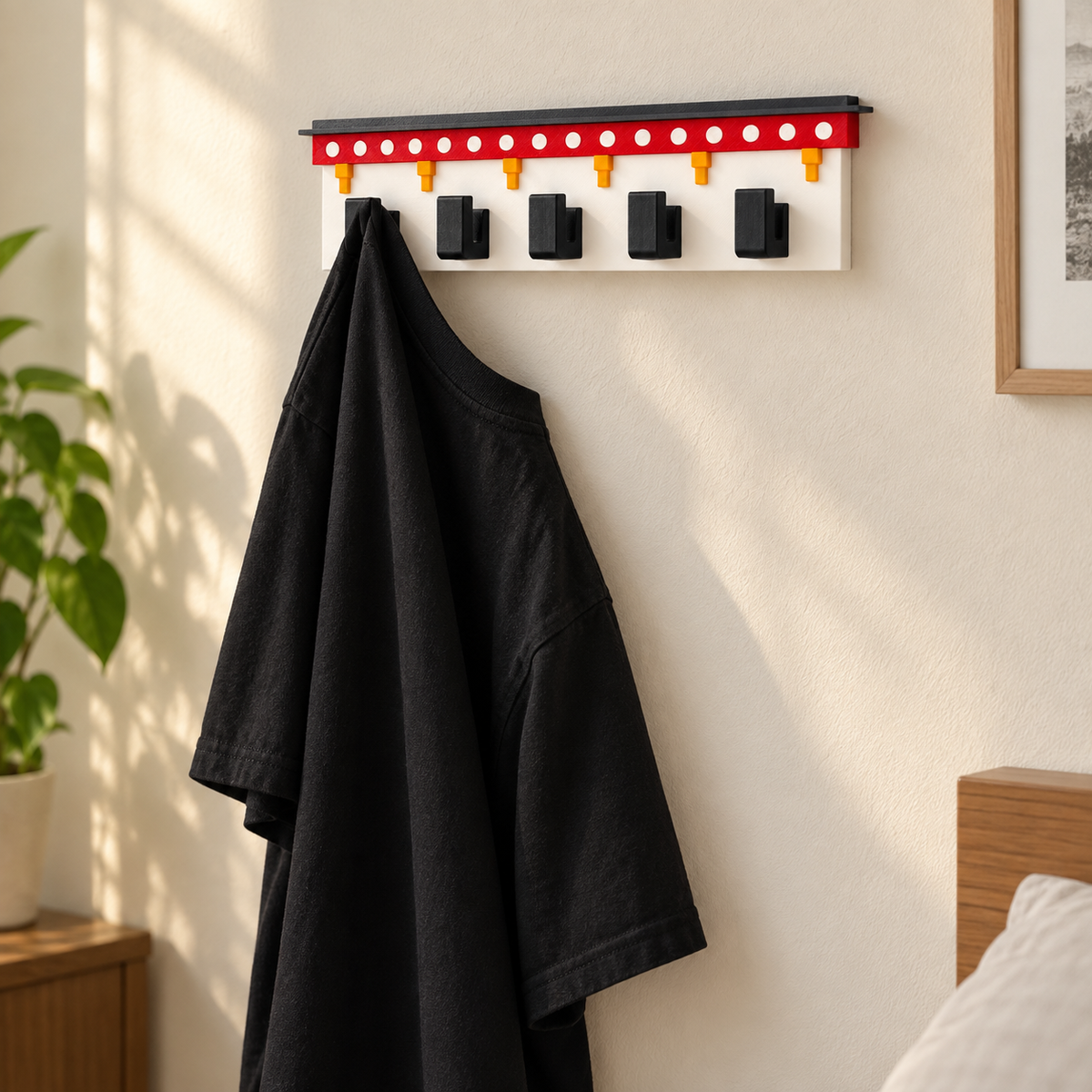 Tibetan wall hook holding a black T-shirt