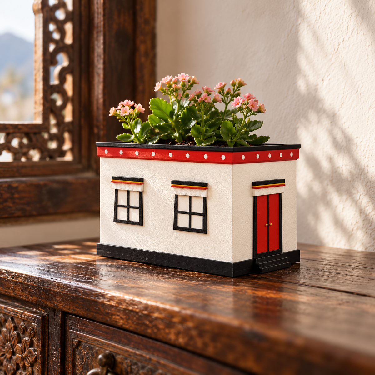 Tibetan Home Planter with pink flowers by a carved wooden window