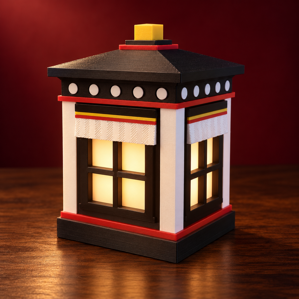 Yellow square-top Tibetan Window Lamp on walnut against burgundy