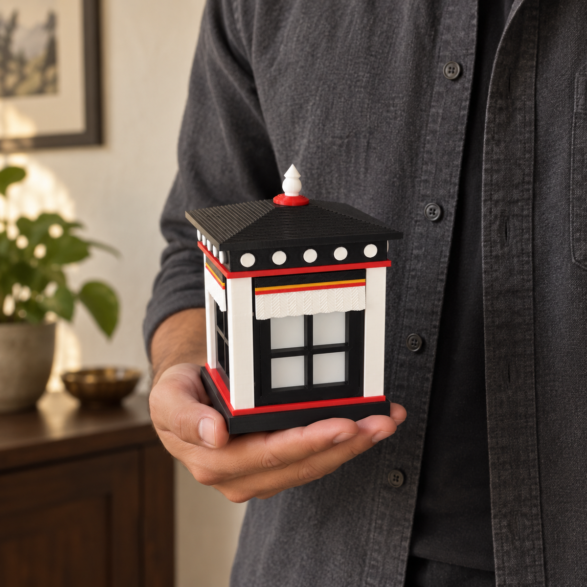 White pointed-top Tibetan Window Lamp held by a model